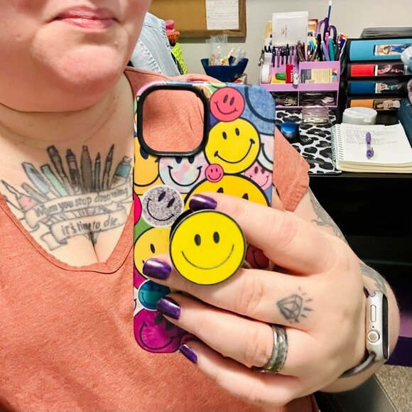 iPhone 14 Casely Smiley Stickers Case and Enamel Popsocket Yellow Smiley Face - Picture 3 of 13